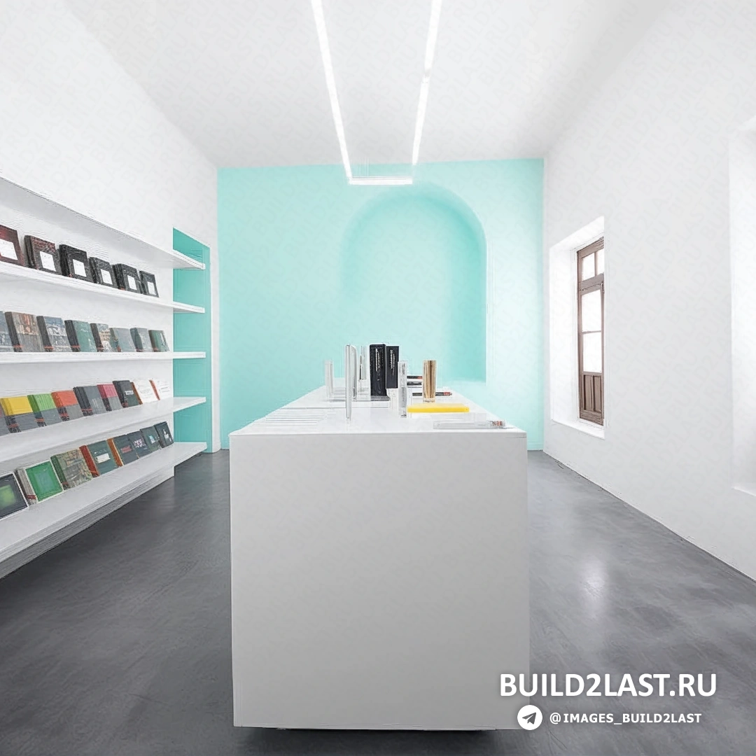 Библиотека с наливными полами, светлыми стенами и окнами. Стеллажи для книг и голубые акценты создают современный стиль.