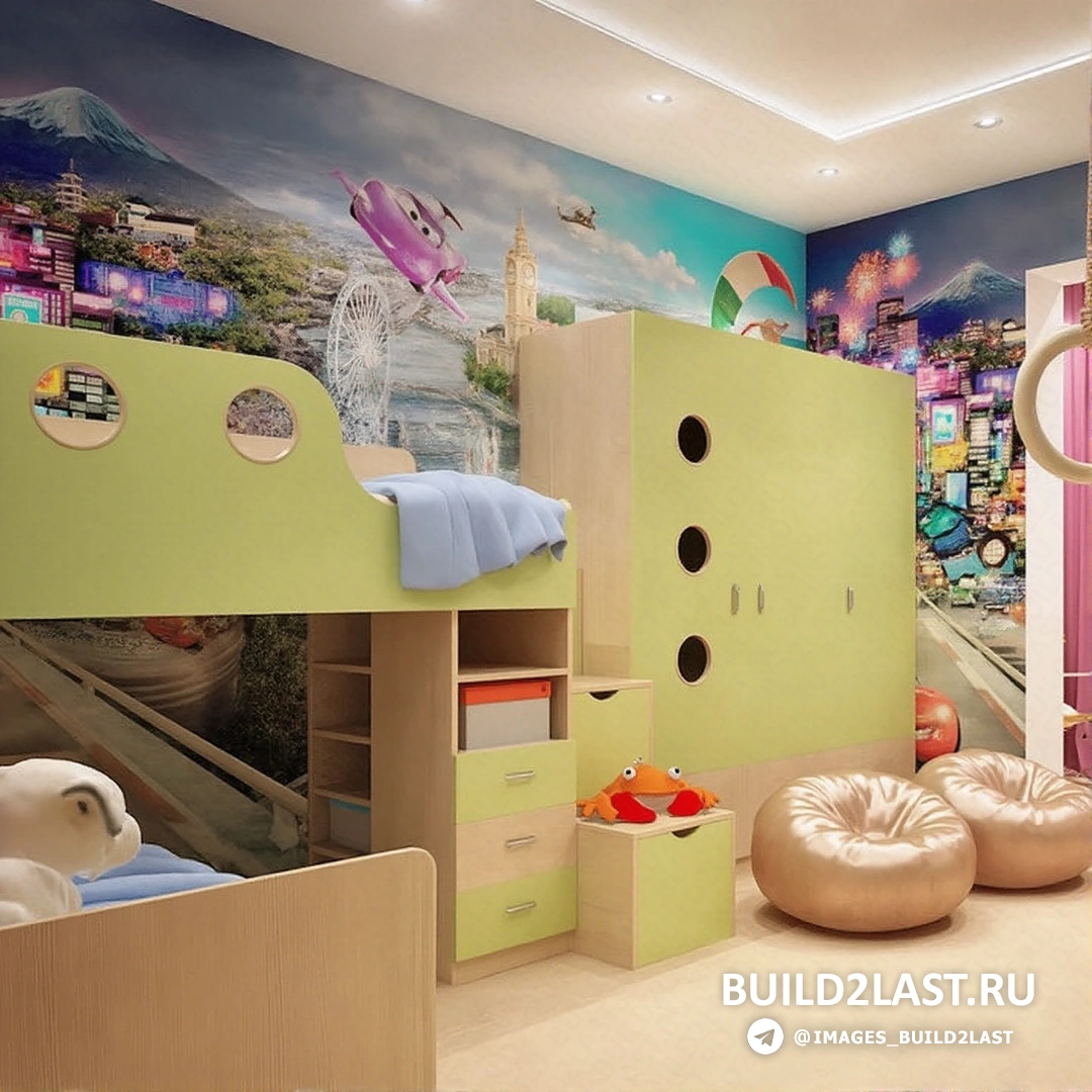 Детская мансардного типа с красными и синими акцентами, ретро-стилем и декором в 50-60-х годах