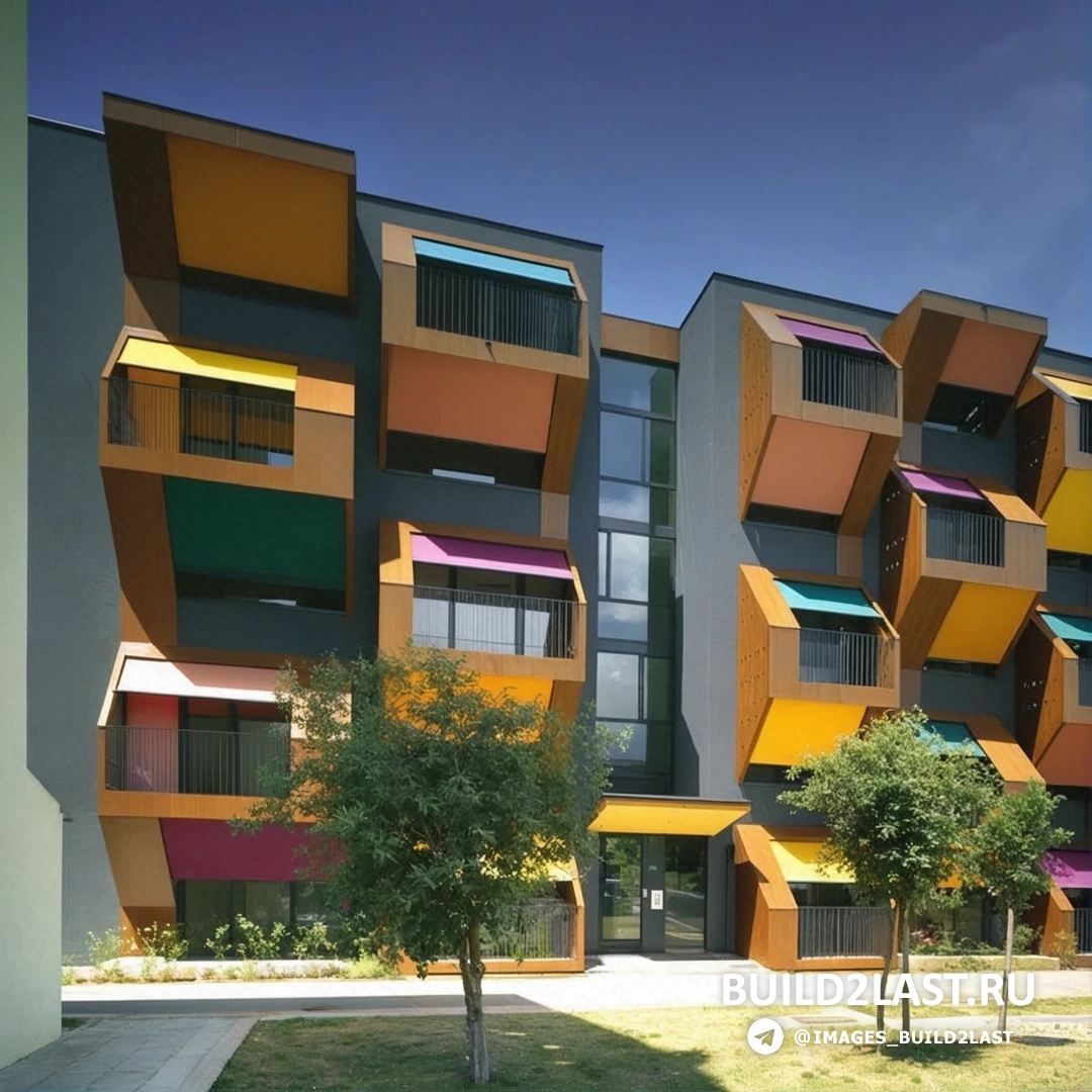 Фасад жилого комплекса социального жилья в Изоле, Словения с голубыми и желтыми оттенками.