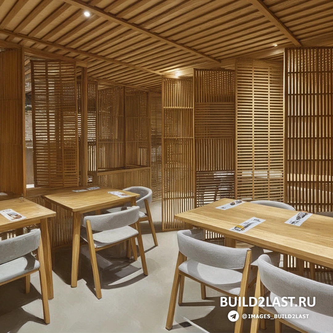 Интерьер суши-бара с точечным освещением, реечным потолком, бетонными стенами, стеклом и светлым деревом в японском стиле