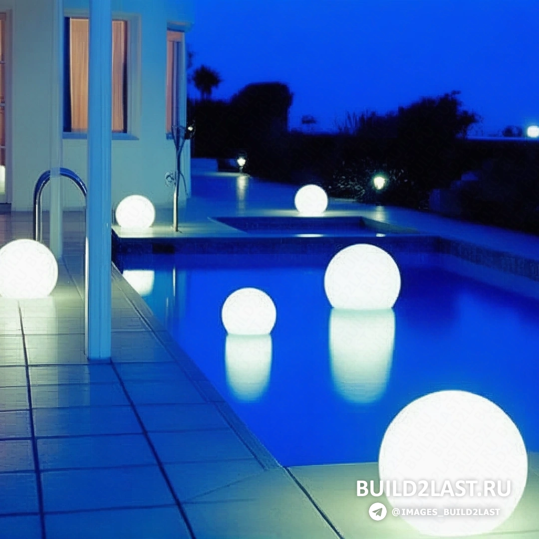 Искусственный водоем с уличными светильниками и тротуарной плиткой на садовом участке.