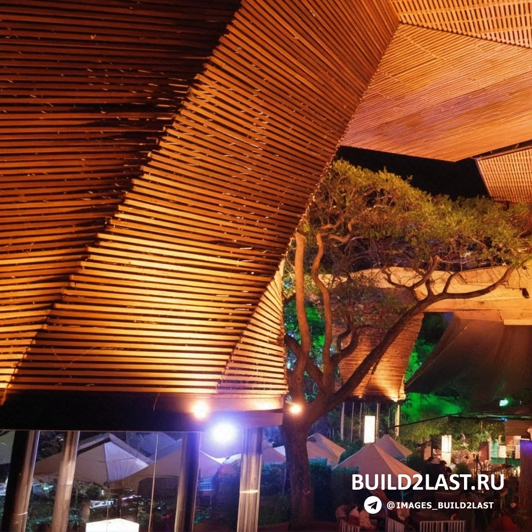 Керамическая плитка и рейки в Ботаническом саду на фоне светлого дерева и достопримечательностей.