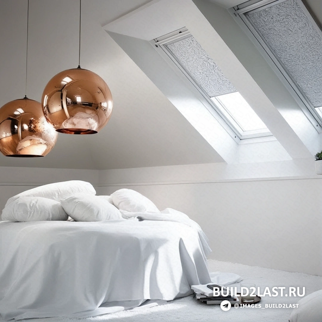 Люстра в спальне в стиле минимализм с золотистыми и белыми оттенками, мансардное окно и рулонные шторы