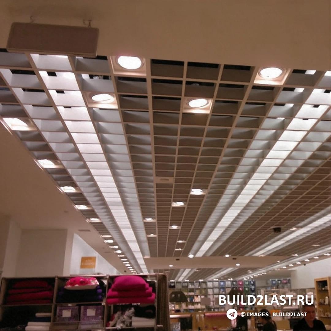 Подвесной потолок с прожекторами и точечным освещением, многоуровневое решение