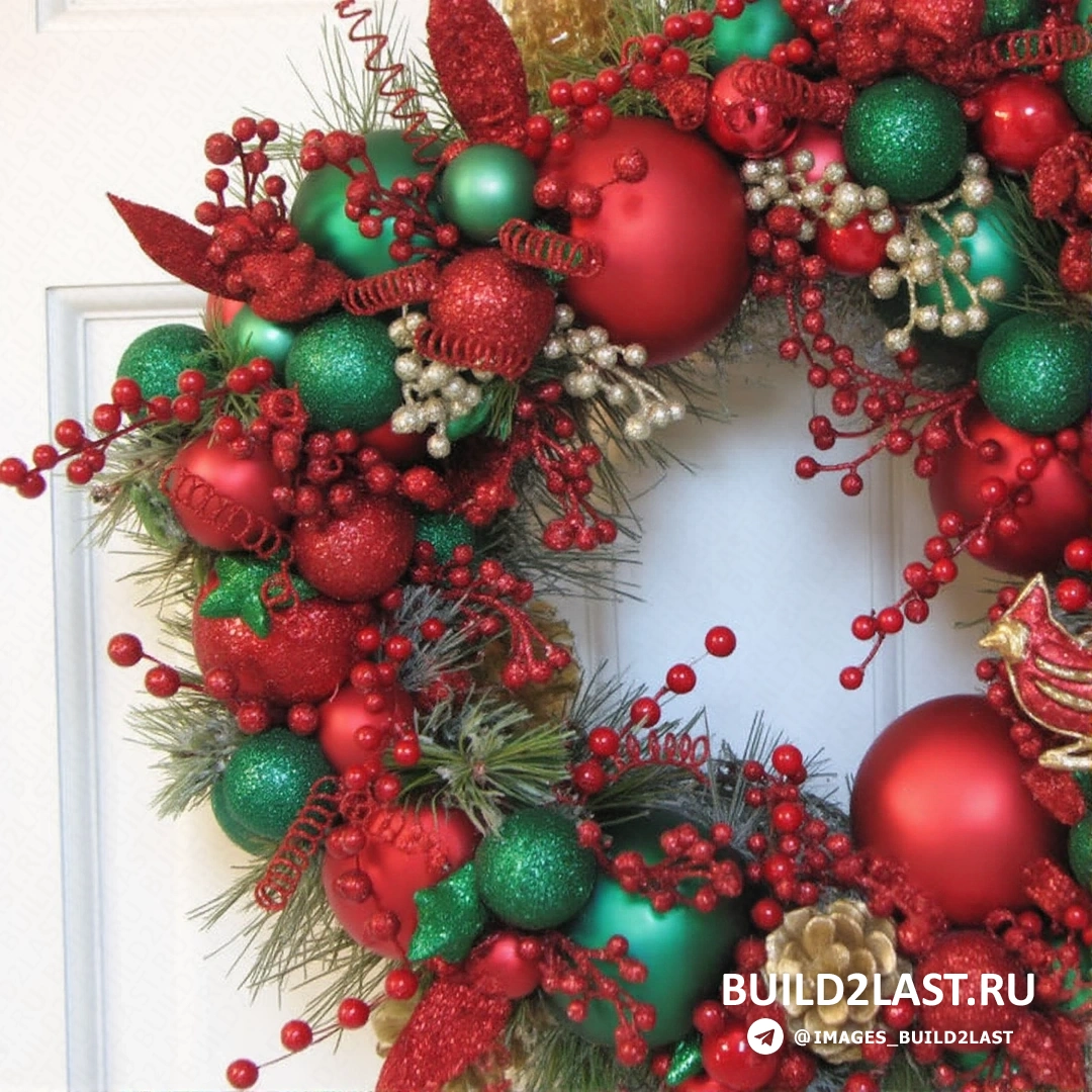 Рождественский венок ручной работы с декоративными элементами, подходящий для новогоднего декора в декабре и январе.