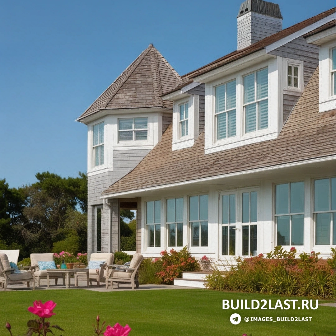 Серый фасад прибрежного коттеджа с французскими окнами и ставнями.