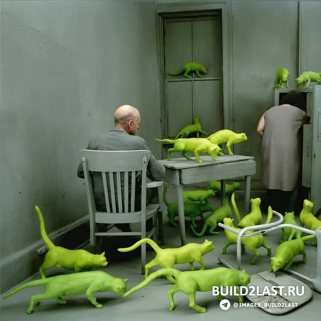 Сюрреалистическая инсталляция с голубыми и зелеными элементами от Сэнди Скоглунд, выполненная в стиле фотографии.