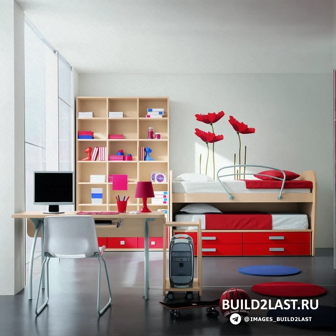 Ультрасовременная детская в стиле хай-тек с белыми и серыми оттенками, красными акцентами, светлым деревом и современной мебелью.